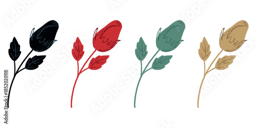 Rose bud set, hand drawn illustrations. Rose stem collection, floral sketch. Rose bud icons, botanical stems