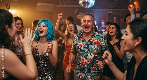 Group of people dancing joyfully at a party under disco lights  
