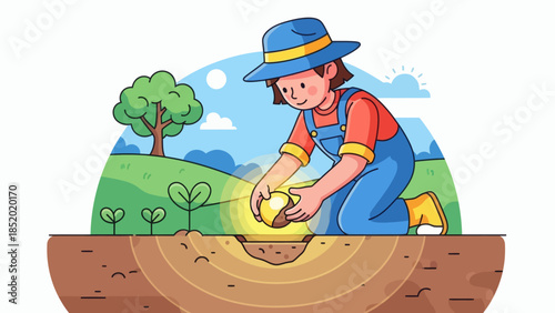 Farmer Planting Seed in Soil with Growing Plants and Tree.