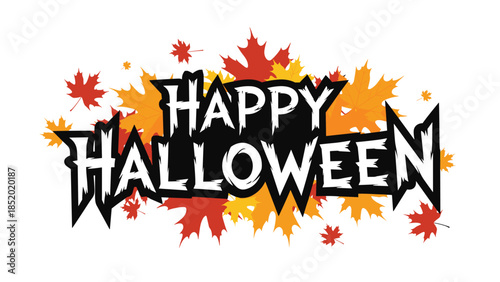 Happy Halloween typographic design with scary lettering, surrounded by a flurry of red and orange autumn maple leaves.