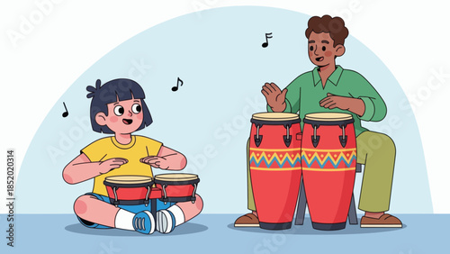 Father and daughter playing drums together enjoying a musical moment with rhythm and harmony.