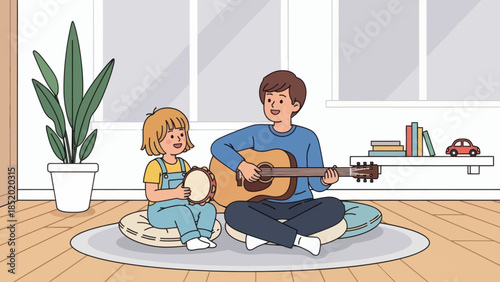 Father and daughter playing music together at home enjoying a fun and creative bonding moment.