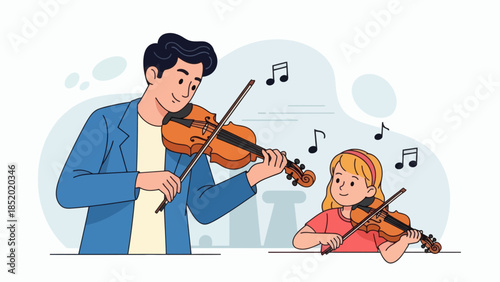 Father and daughter playing violin together enjoying a musical moment.