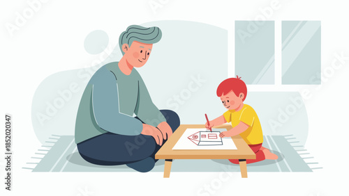 Father and son drawing together at home enjoying a creative and bonding activity.