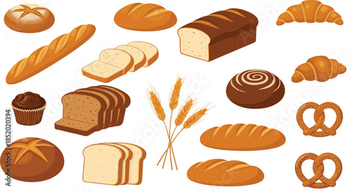 Fresh bakery and bread vector collection with baguette sliced loaf croissant muffin pretzel and wheat ears isolated on white background for food design