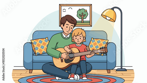 Father and son playing guitar together in living room.