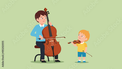 Father and son playing musical instruments together a cello and a violin enjoying a music lesson at home.