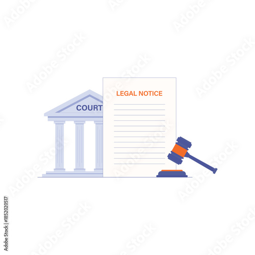 Legal Notice Document with Court Building and Gavel Vector Illustration. Law and Justice Concept Design