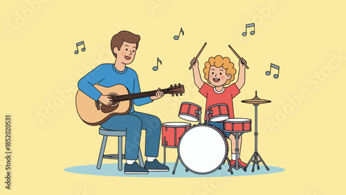 Father and son playing musical instruments together creating a joyful melody.