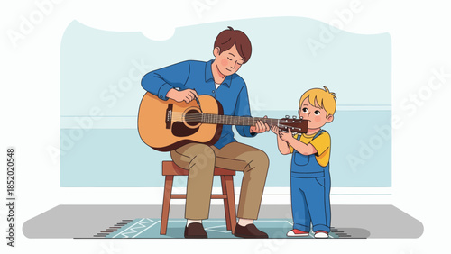 Father and son playing musical instruments together creating a joyful melody 1.