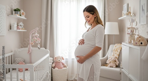 Pregnant woman touching her belly in nursery with soft lighting  