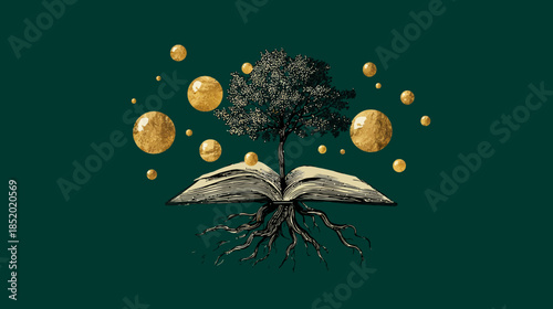 Wise tree growing from open book with roots, glowing golden orbs. Concept of knowledge, education, growth, wisdom, and imagination on dark green.