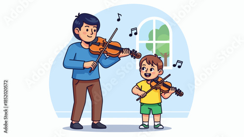 Father and son playing violins together enjoying a musical moment at home.