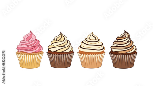 A set of four delicious cupcakes with different flavors of frosting, including strawberry, vanilla, and chocolate, in a cute illustration.