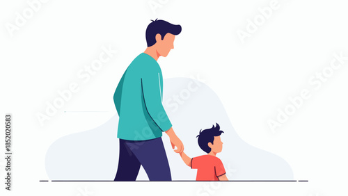 Father and son walking together holding hands showing family bond and care.