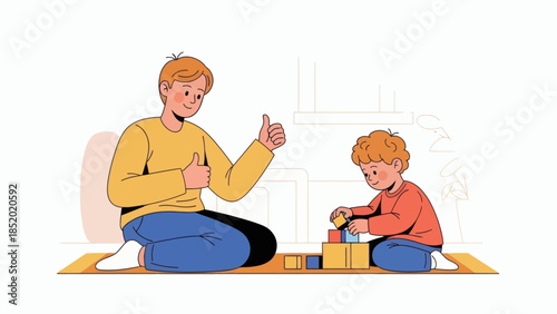 Father and son playing with building blocks together dad giving a thumbs up.