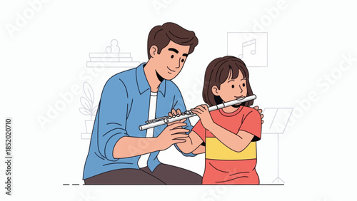Father teaching his daughter to play the flute music lesson at home.