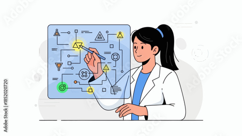 Female Scientist Analyzing Data Flowchart on a Digital Board.