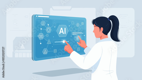 Female Scientist Interacting with AI Interface in Laboratory.