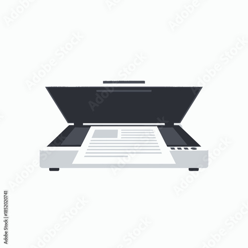Flatbed document scanner with a sheet of paper inside ready for scanning.