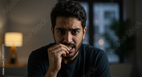 Young man expressing anxiety while sitting indoors in dim light  