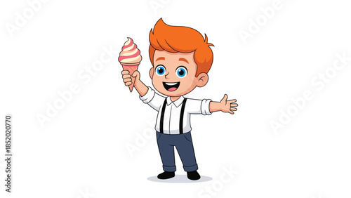 A happy little boy with red hair and suspenders, cheerfully holding up a delicious swirl of strawberry and vanilla ice cream.