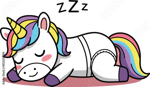 Sleeping white unicorn with rainbow mane and tail smiling