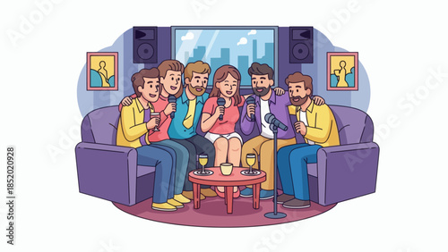 Group of friends singing karaoke together at home.