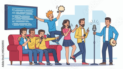 Group of friends enjoying a lively karaoke night together singing and having fun.