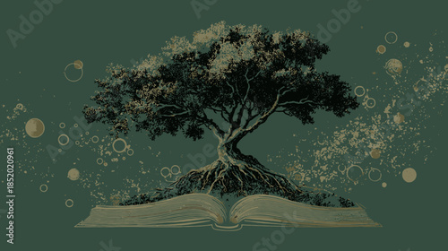 Ancient tree with deep roots growing from an open book, conceptualizing wisdom, knowledge, education, and the power of nature.