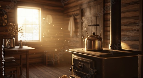 Rustic kitchen with stove and sunlight shining through window  
