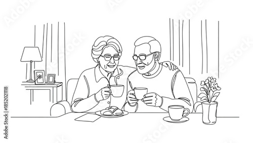High-quality black continuous line art of a senior couple enjoying morning tea or coffee at home, peaceful retirement lifestyle illustration