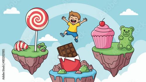 Happy boy jumping with joy in a whimsical candy land with floating islands and sweets.