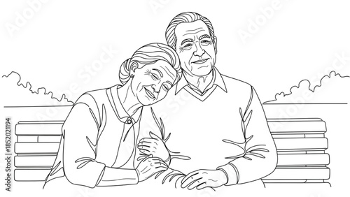 High-quality black continuous line art of an elderly couple sitting close with one resting head on the other’s shoulder, love and companionship illustration