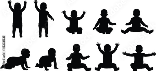 baby,toddler,silhouette,collection,crawling,sitting,standing,walking,poses,development,growth,milestones,childhood,infant,kid,movement,black,isolated,white,background,set,icon,illustration,vector
