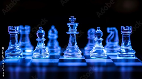 Strategic blue light glass chess pieces on a dark board high resolution image