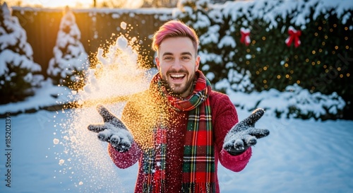 Young man playing with snow and smiling in a snowy backyard  