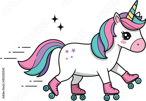 Colorful unicorn wearing pink roller skates on white background