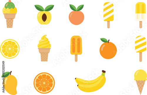 Fresh yellow summer fruit and ice cream vector collection with banana mango orange lemon and popsicles isolated