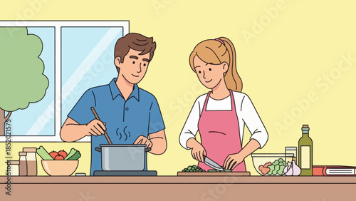 Happy couple cooking healthy meal together in modern kitchen.