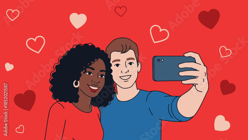 Happy diverse couple taking a selfie together surrounded by hearts.