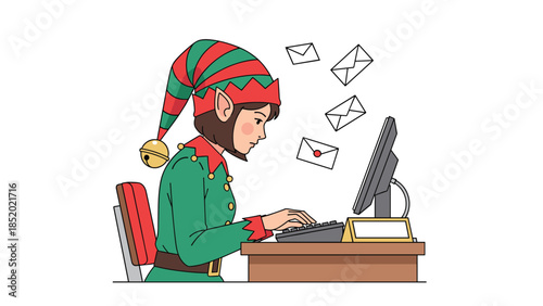 A Christmas elf character sitting at a desk, diligently typing on a computer keyboard to answer Santa's mail and emails.