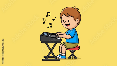 Happy Little Boy Playing Electronic Keyboard with Musical Notes Floating Around.