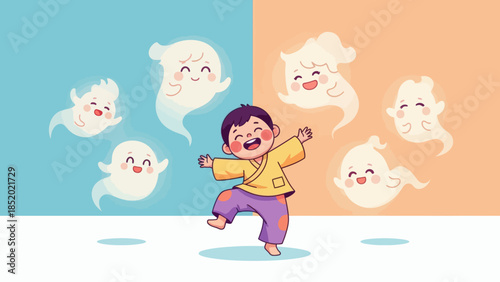 Happy little boy playing with cute ghosts in a whimsical setting.