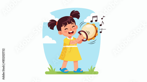 Happy little girl playing tambourine with musical notes.