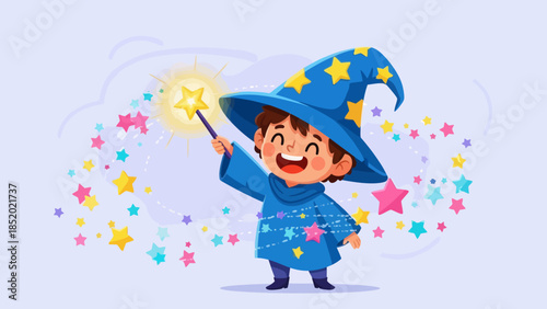 Happy little wizard boy casting magic with a wand and colorful stars.