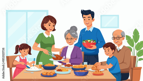 Happy multigenerational family enjoying a festive meal together at home.