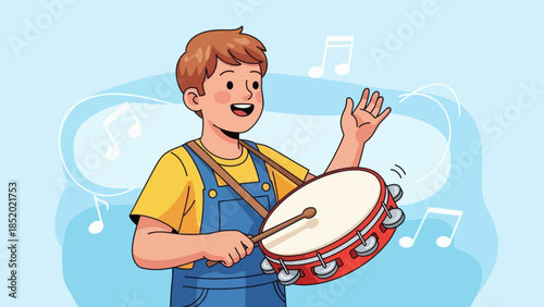 Happy young boy playing a tambourine with a drumstick enjoying music and rhythm.