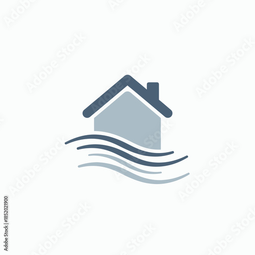 House with Water Waves Icon Representing Flood or Water Damage.