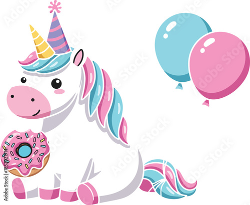 Colorful unicorn holding donut with balloons on white background